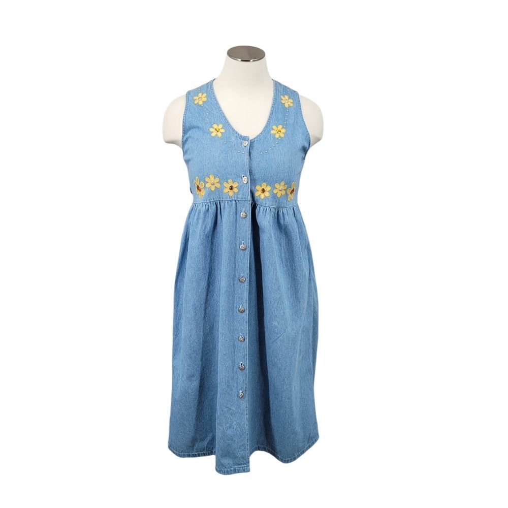 Vintage 90s Denim Blue Jean Button Down Dress with Yellow Sunflowers and Studs